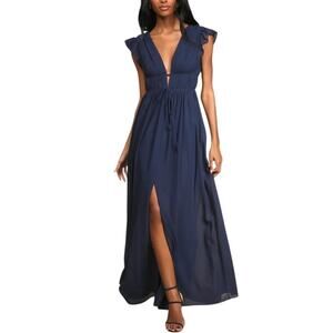Lulu's Blue Wrap Maxi Dress with Flutter Sleeves